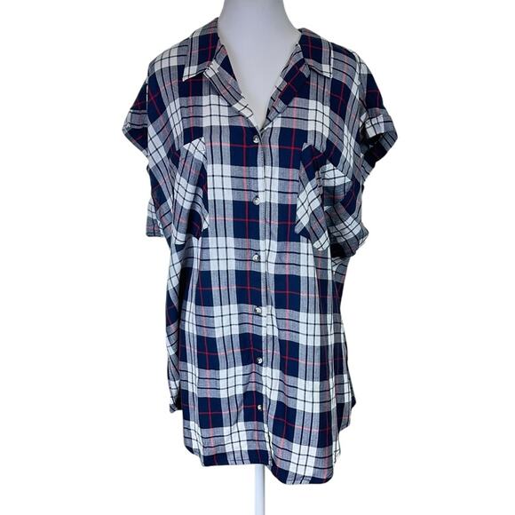 JACHS Girlfriend New York Plaid Button Front Top Size XXL Blue White Red NWOT - Picture 1 of 10